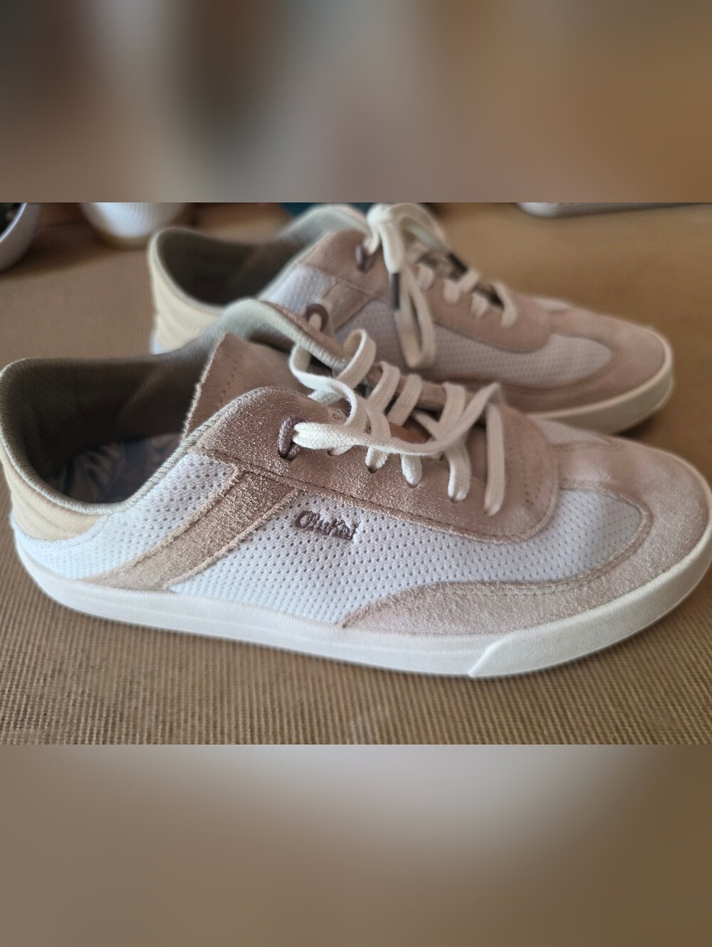 Olukai Lace-Up Sneakers in White and Taupe